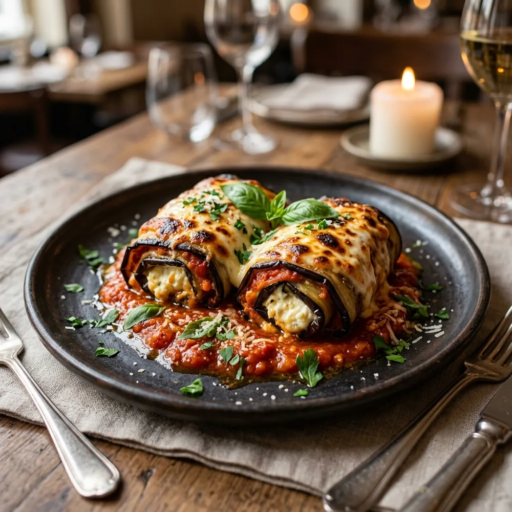 Traditional Eggplant Rollatini stuffed with seasoned ricotta and baked in marinara