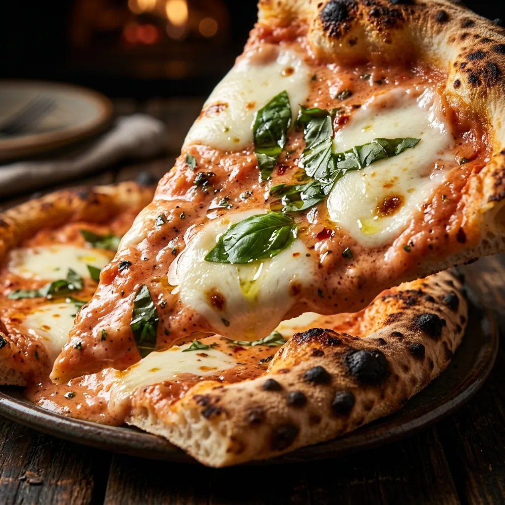 Signature Vodka Pizza with creamy pink sauce, fresh mozzarella and basil